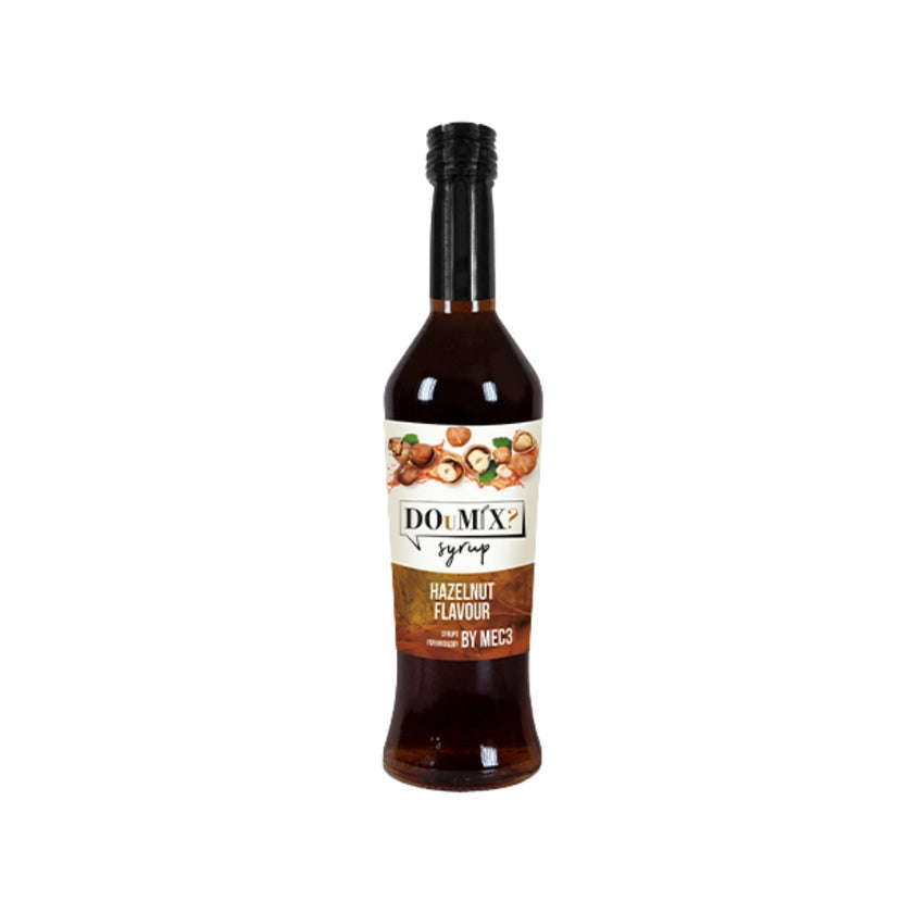Garrafa de xarope DOuMIX? sabor a avelã, com tampa preta.