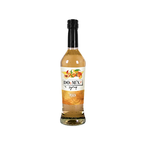Garrafa de xarope DOuMIX? sabor a pêssego, com tampa preta.