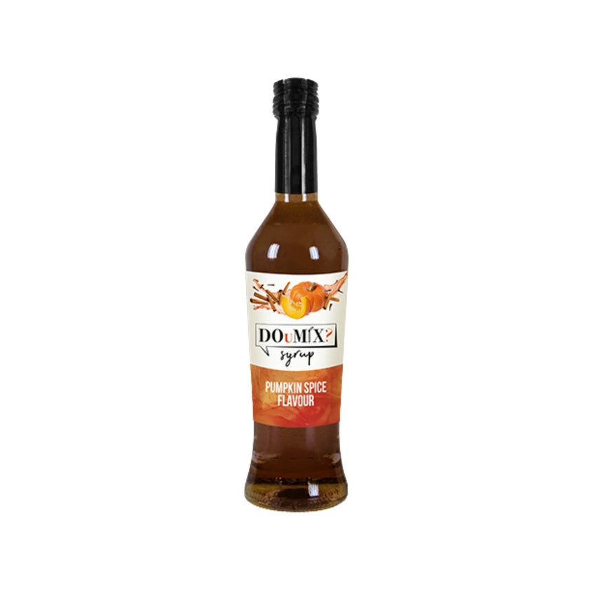 Garrafa de xarope DOuMIX? Pumpkin Spice, sabor a abóbora e especiarias, com tampa preta.