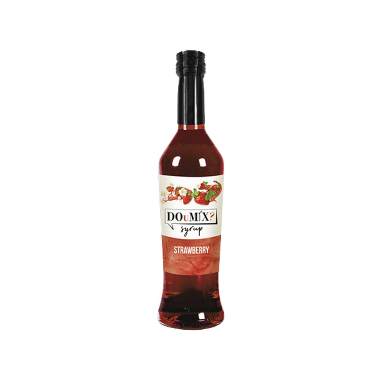 Garrafa de xarope DOuMIX? sabor a morango, com tampa preta.