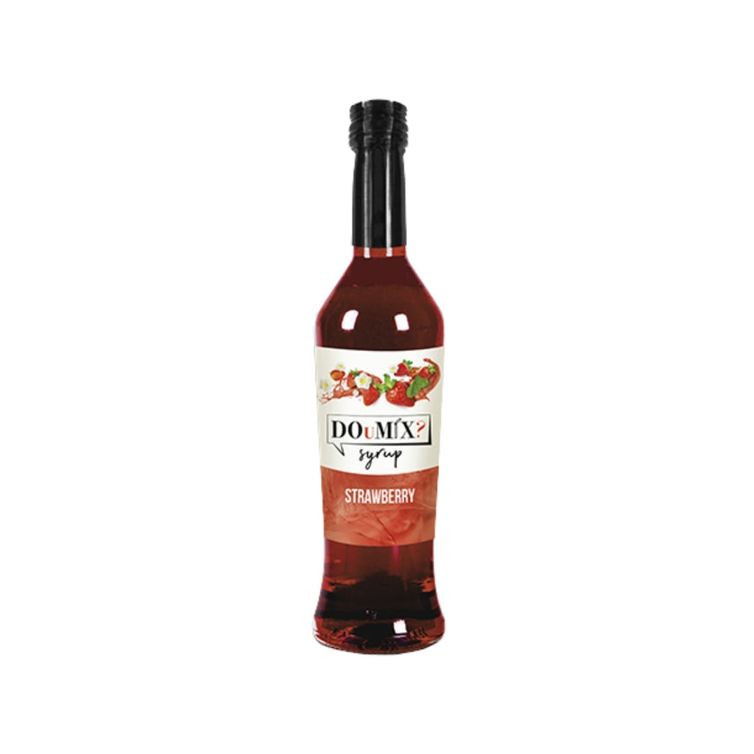 Garrafa de xarope DOuMIX? sabor a morango, com tampa preta.
