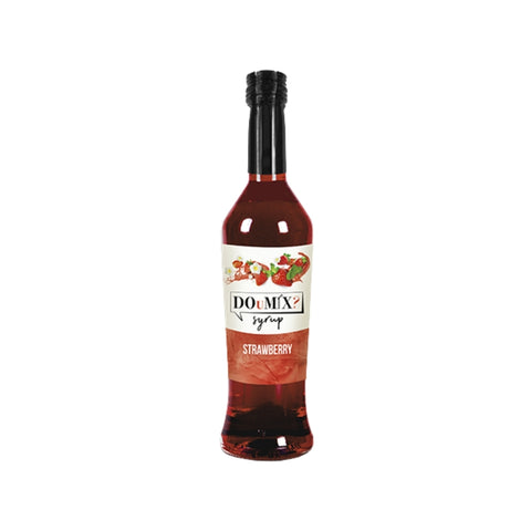 Garrafa de xarope DOuMIX? sabor a morango, com tampa preta.