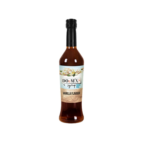 Garrafa de xarope DOuMIX? sabor a baunilha, sem açúcar, com tampa preta.